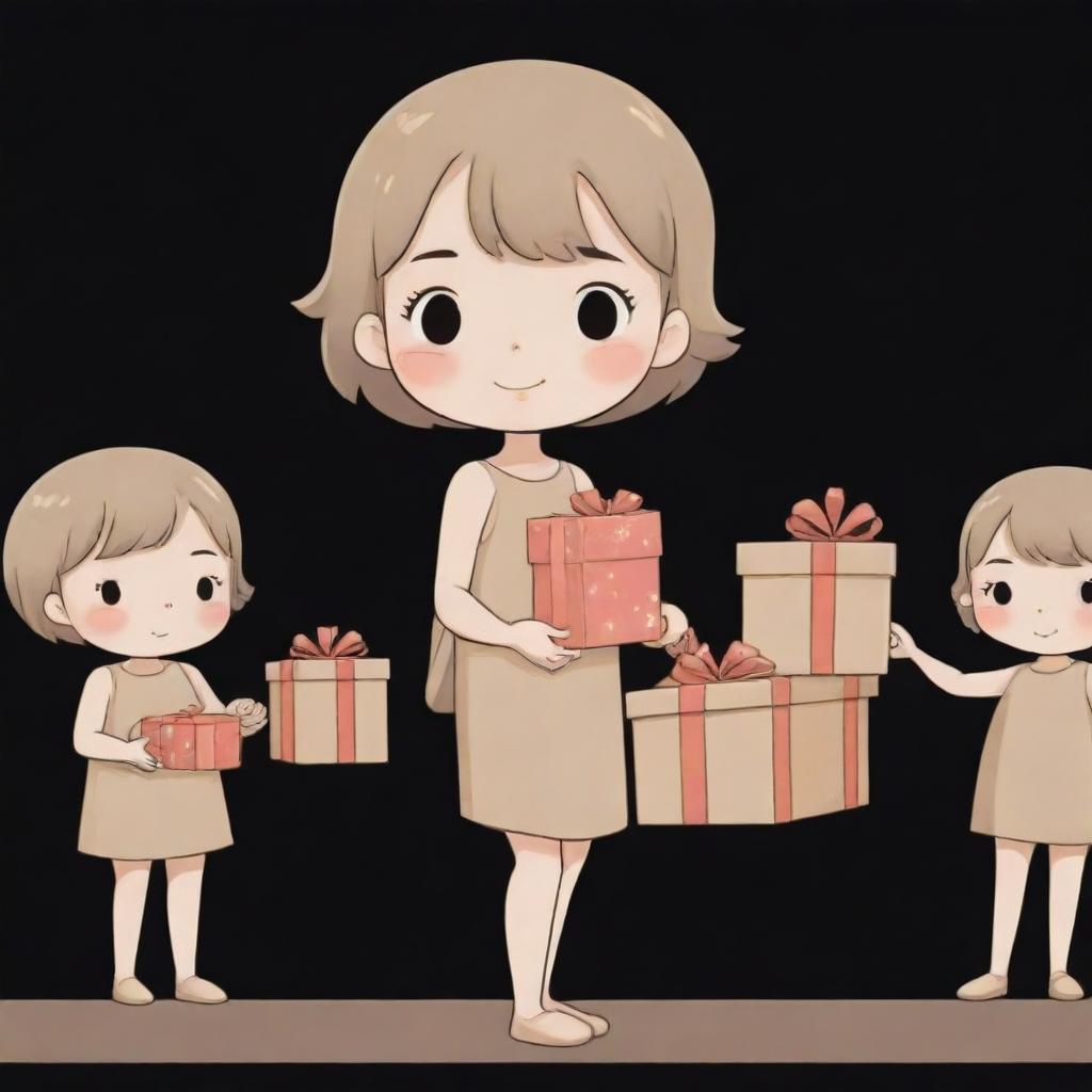 A kawaii style cartoon illustration of a short-haired girl in nude and beige colors, looking tired as she distributes gifts to a long line of eager people, against a black background.