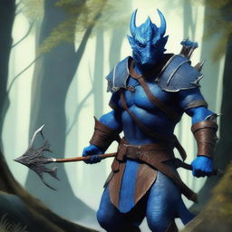 A fierce Dragonborn character with blue skin stealthily emerging from a dense forest, holding a bow and arrow ready for action