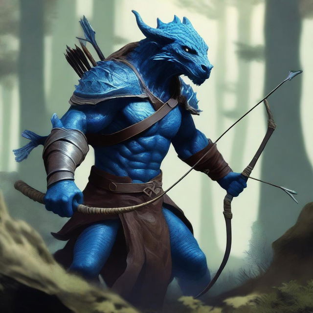 A fierce Dragonborn character with blue skin stealthily emerging from a dense forest, holding a bow and arrow ready for action