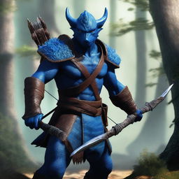 A fierce Dragonborn character with blue skin stealthily emerging from a dense forest, holding a bow and arrow ready for action