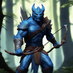 A fierce Dragonborn character with blue skin stealthily emerging from a dense forest, holding a bow and arrow ready for action