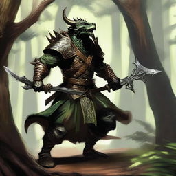 A fierce Dragonborn warrior, stalking from the dense forest with a dagger in his hand and a bow slung across his back