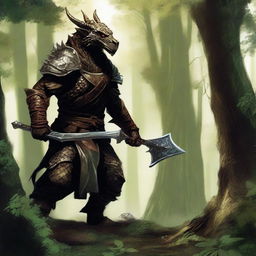 A fierce Dragonborn warrior, stalking from the dense forest with a dagger in his hand and a bow slung across his back