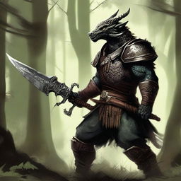 A fierce Dragonborn warrior, stalking from the dense forest with a dagger in his hand and a bow slung across his back