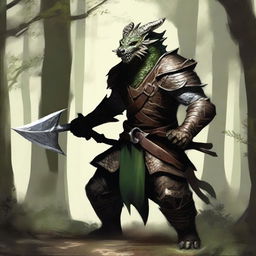 A fierce Dragonborn warrior, stalking from the dense forest with a dagger in his hand and a bow slung across his back