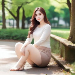 A beautiful girl with round and big hips is sitting gracefully