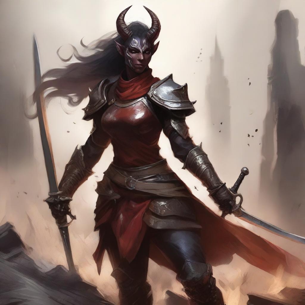 A courageous female tiefling paladin stands in the middle of a chaotic battlefield, wielding a great sword with both hands