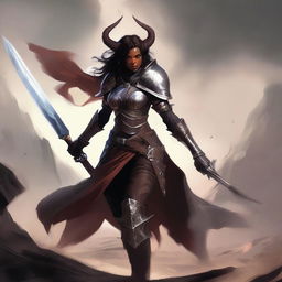 A courageous female tiefling paladin stands in the middle of a chaotic battlefield, wielding a great sword with both hands