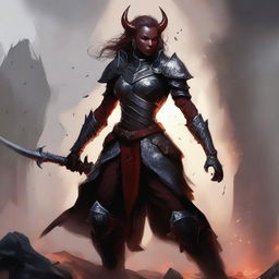 A courageous female tiefling paladin stands in the middle of a chaotic battlefield, wielding a great sword with both hands