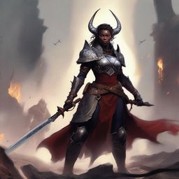 A courageous female tiefling paladin stands in the middle of a chaotic battlefield, wielding a great sword with both hands