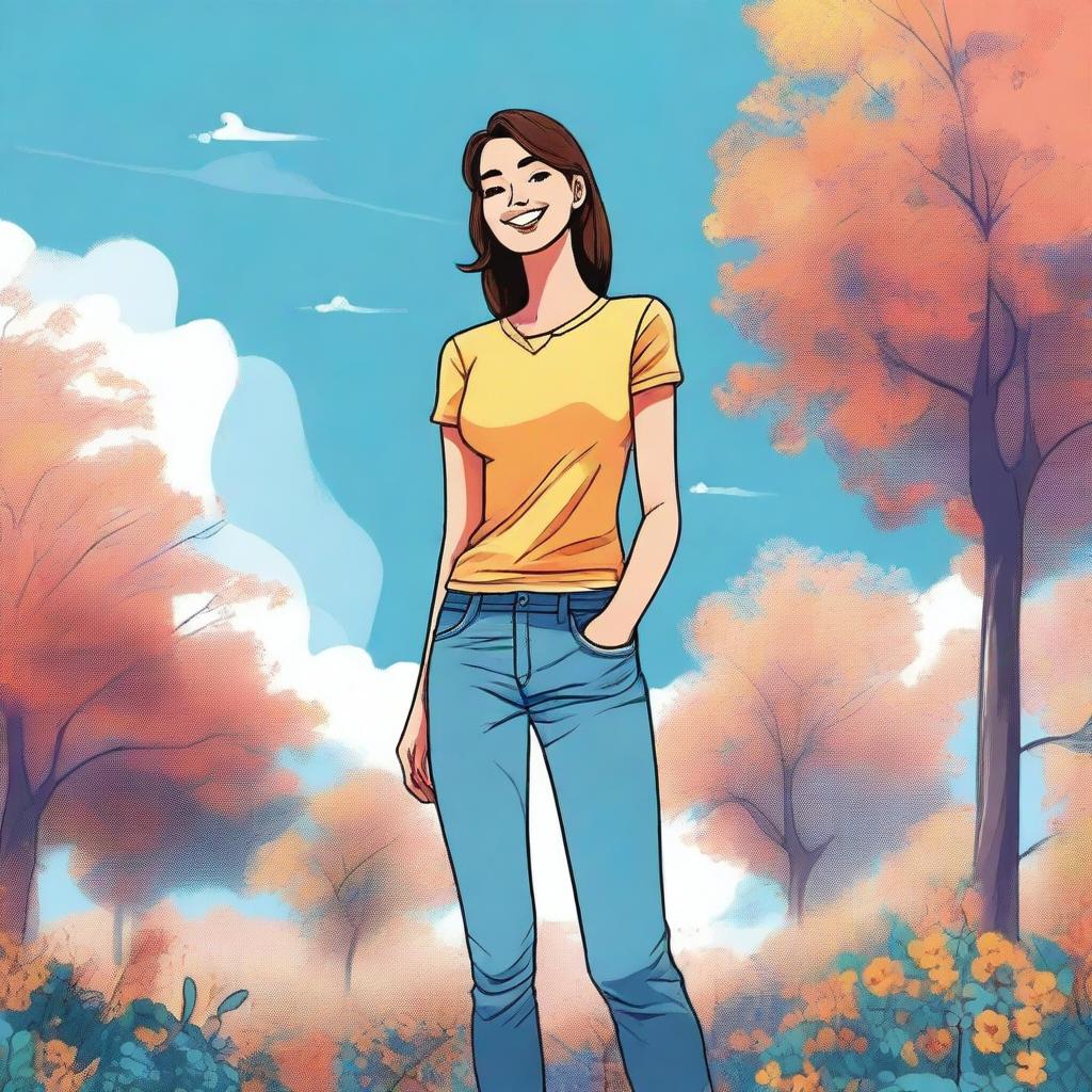 A detailed illustration of a tall girl standing confidently in a beautiful outdoor setting