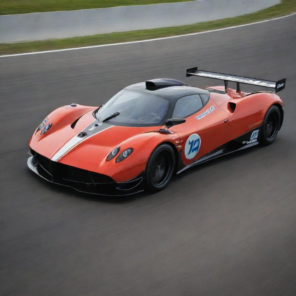 Pagani cars transformed into NASCAR racing vehicles, with a sleek aerodynamic shape, vibrant racing colors, logos, and tailored for high-speed track racing.