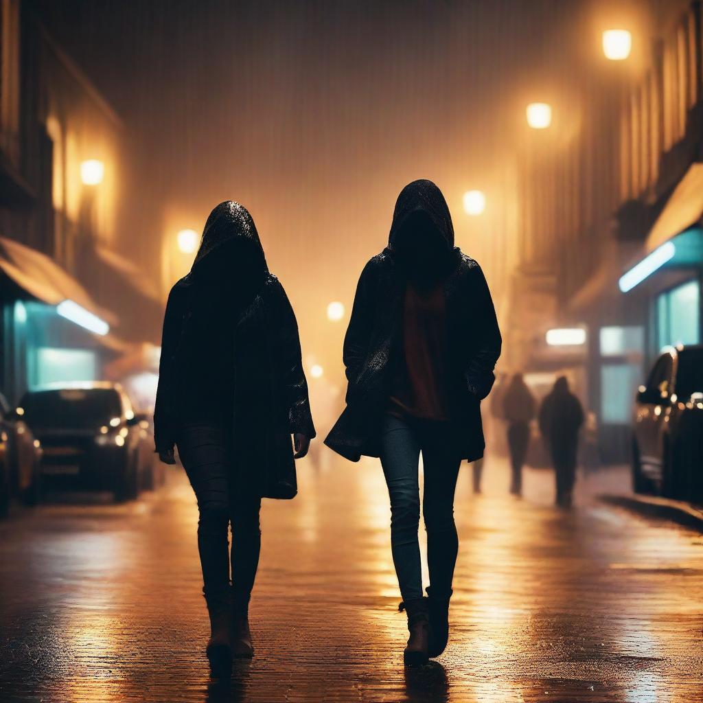 A woman is walking in heavy rain, using a black cardigan to cover her head