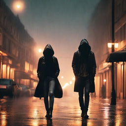 A woman is walking in heavy rain, using a black cardigan to cover her head