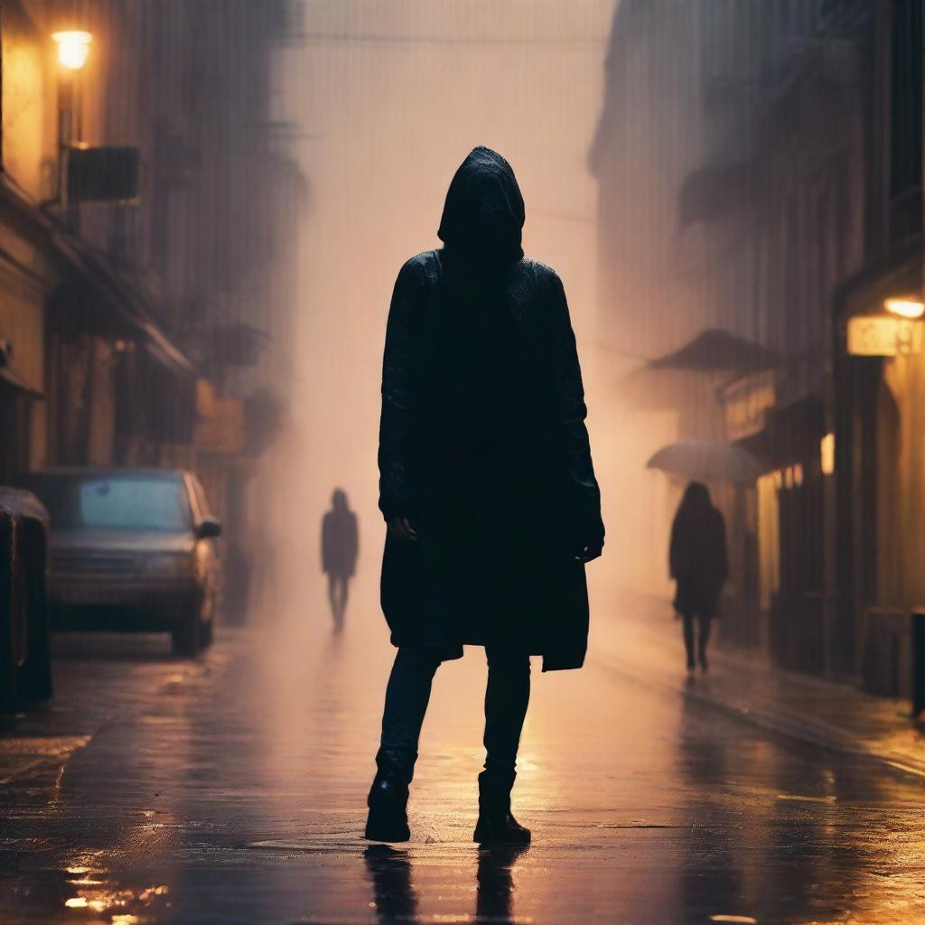 A woman is walking in heavy rain, using a black cardigan to cover her head