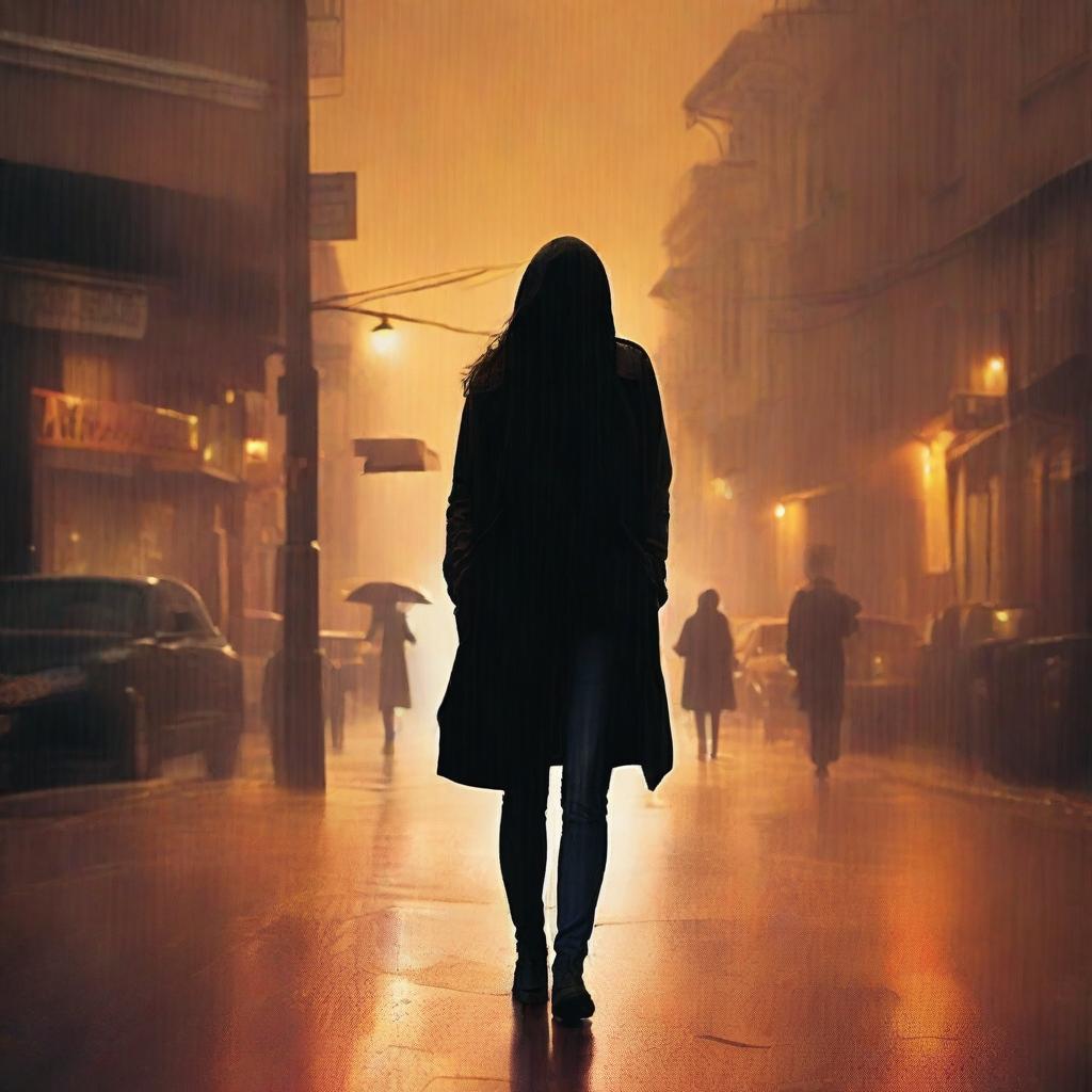 A woman is walking in heavy rain, using a black cardigan to cover her head