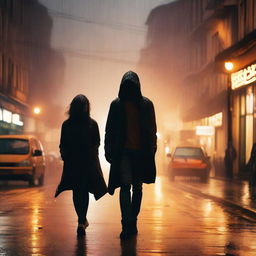 A woman is walking in heavy rain, using a black cardigan to cover her head