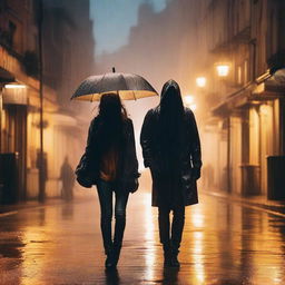 A front-view image of a woman walking in heavy rain, using a black cardigan to cover her head