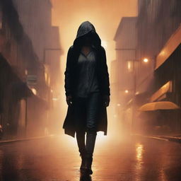 A front-view image of a woman walking in heavy rain, using a black cardigan to cover her head