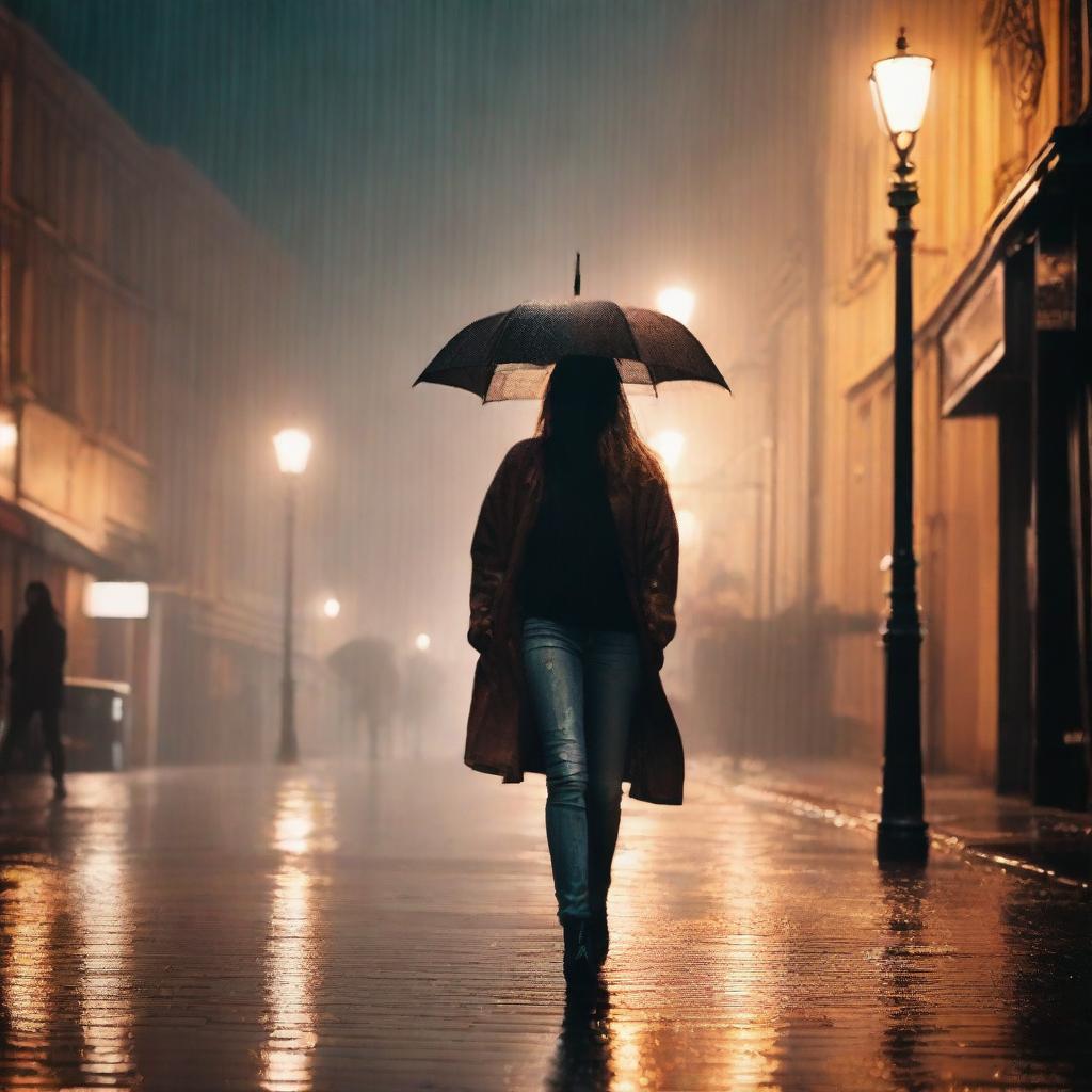 A front-view image of a woman walking in heavy rain, using a black cardigan to cover her head