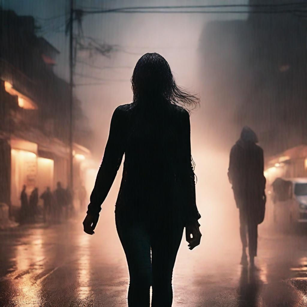 A front-view image of a woman walking in heavy rain, using a black cardigan to cover her head