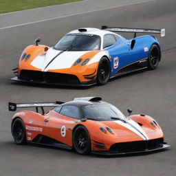 Pagani cars transformed into NASCAR racing vehicles, with a sleek aerodynamic shape, vibrant racing colors, logos, and tailored for high-speed track racing.