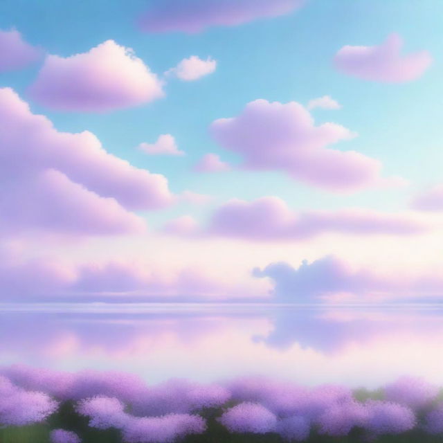 A serene landscape featuring a blue lilac sky with soft, pastel colors