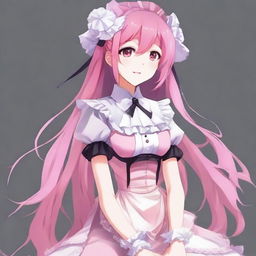 Create an image of a tall anime girl with long pink hair, dressed as a maid