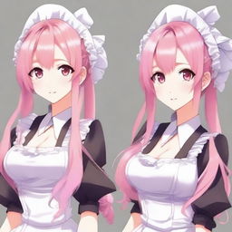 Create an image of a tall anime girl with long pink hair, dressed as a maid