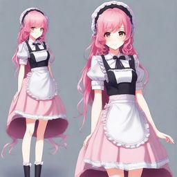 Create an image of a tall anime girl with long pink hair, dressed as a maid