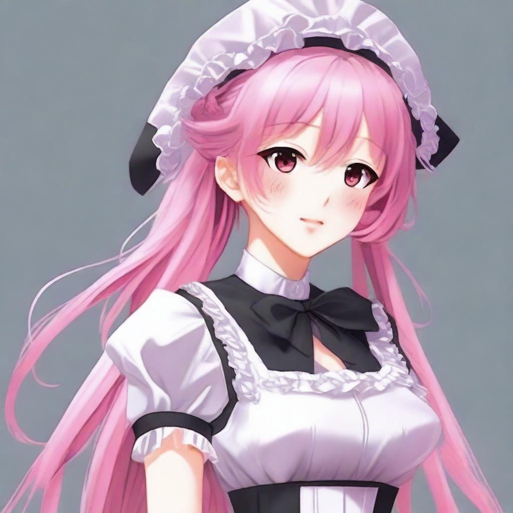 Create an image of a tall anime girl with long pink hair, dressed as a maid