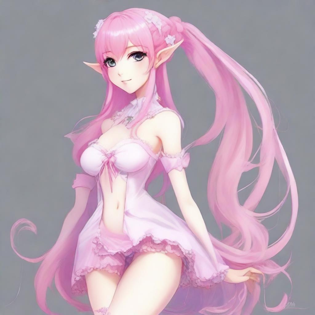 Create an image of a tall, sexy anime elf girl with long pink hair