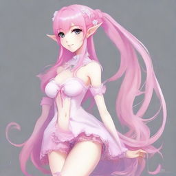 Create an image of a tall, sexy anime elf girl with long pink hair