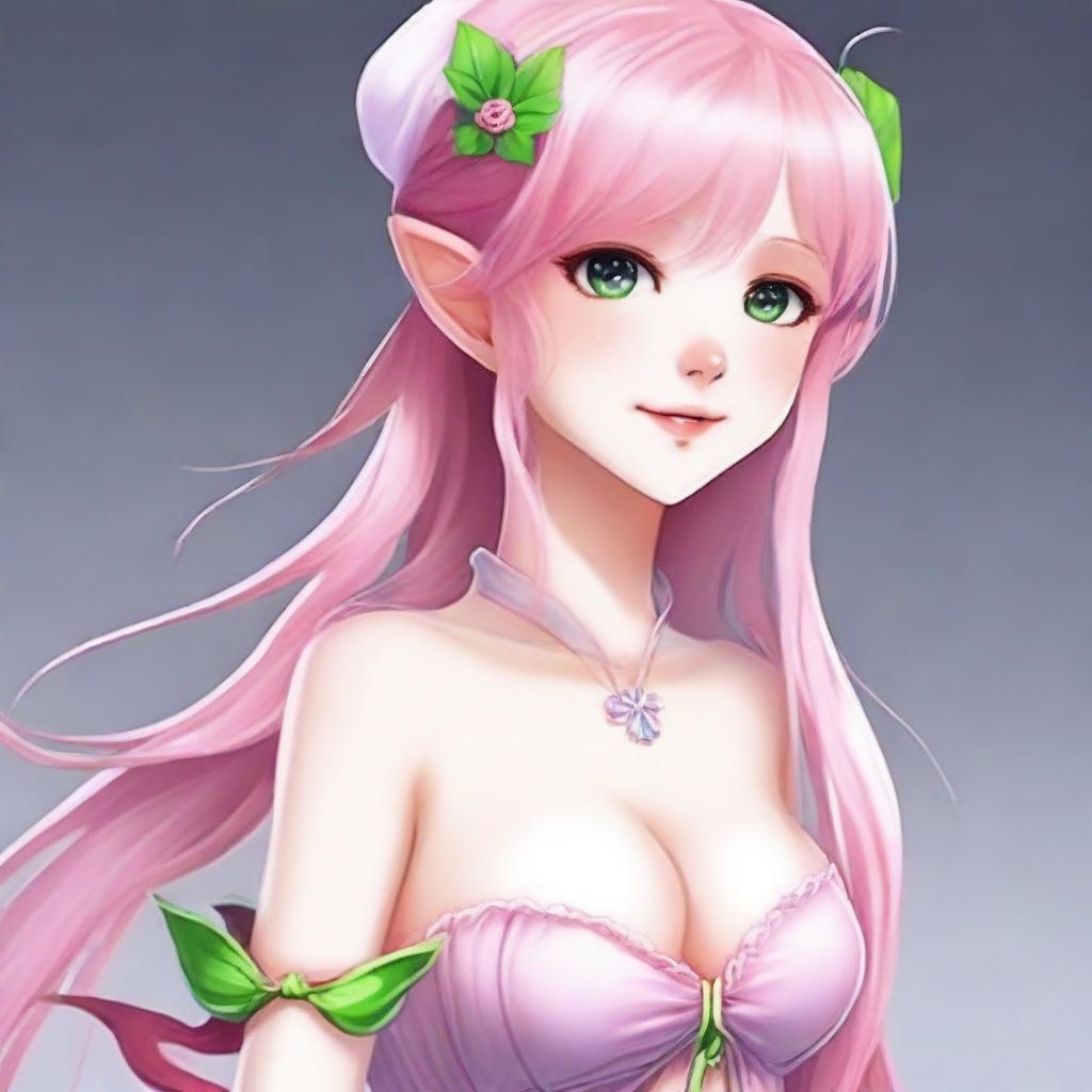 Create an image of a tall, sexy anime elf girl with long pink hair