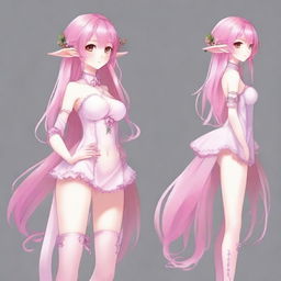 Create an image of a tall, sexy anime elf girl with long pink hair