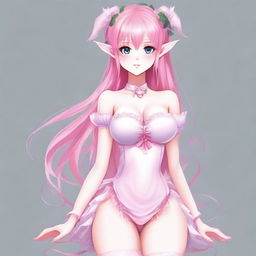 Create an image of a tall, sexy anime elf girl with long pink hair