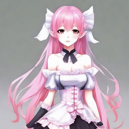 Create an image of a tall, sexy anime girl with long pink hair and elf ears