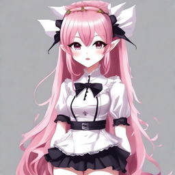 Create an image of a tall, sexy anime girl with long pink hair and elf ears