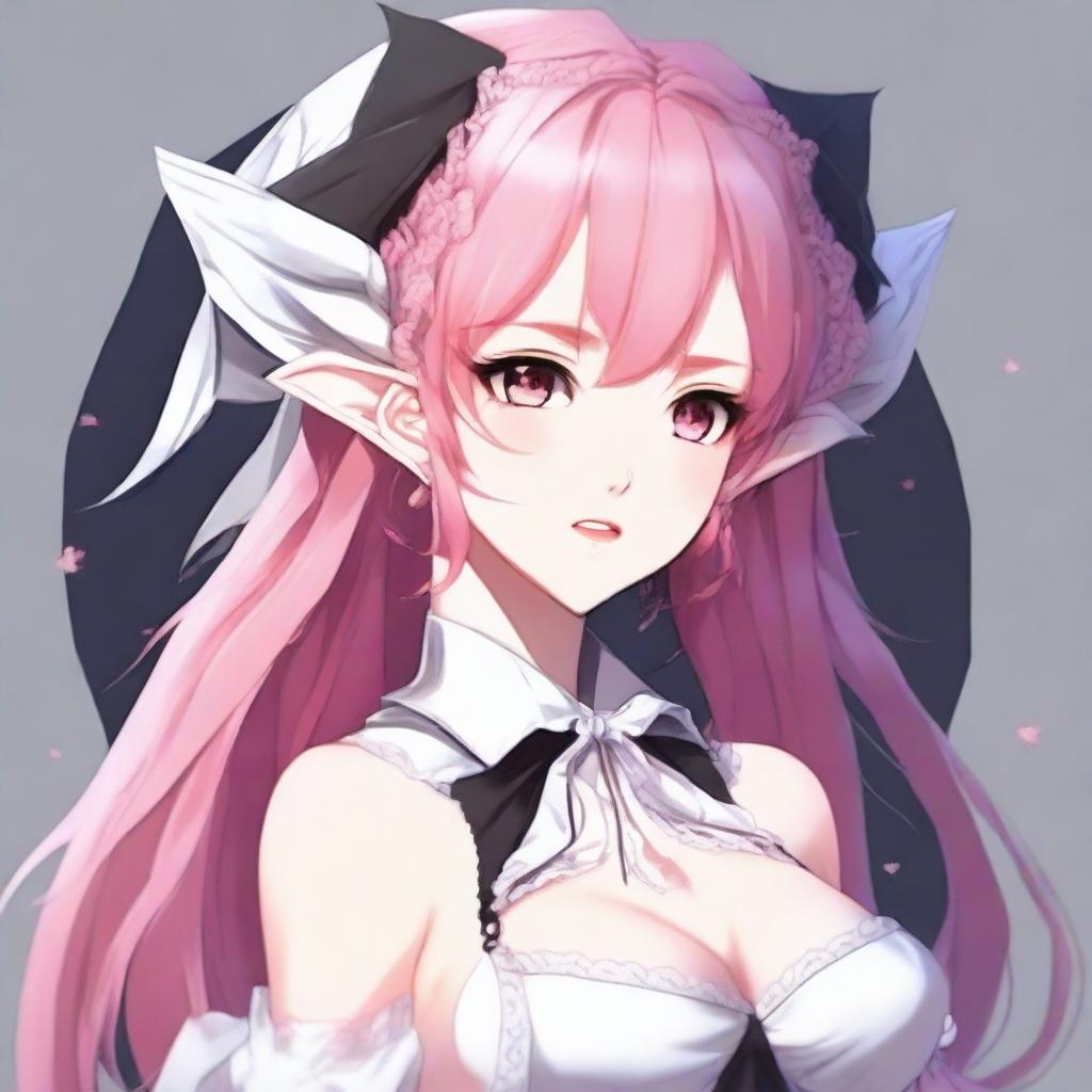 Create an image of a tall, sexy anime girl with long pink hair and elf ears