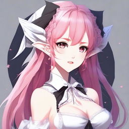 Create an image of a tall, sexy anime girl with long pink hair and elf ears