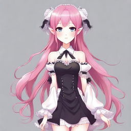 Create an image of a tall, sexy anime girl with long pink hair and elf ears