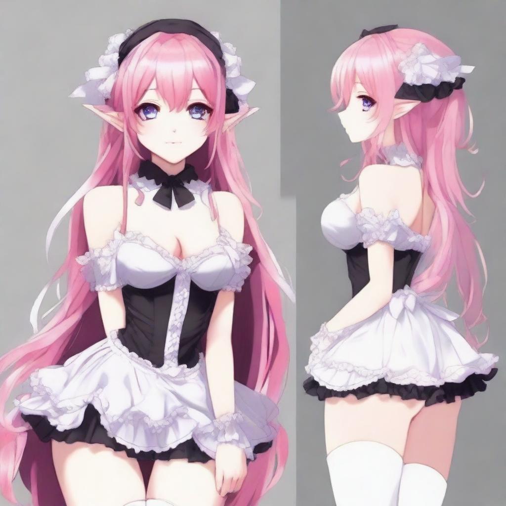 Create a full-body image of a tall, sexy anime girl with long pink hair and elf ears