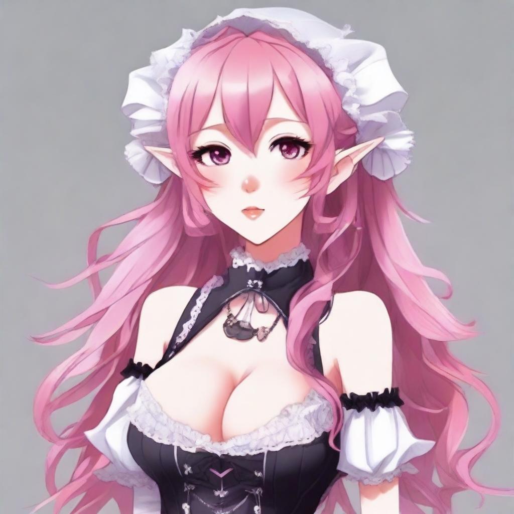 Create a full-body image of a tall, sexy anime girl with long pink hair and elf ears