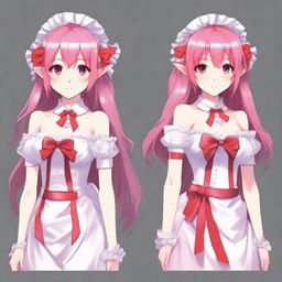 Create a full-body image of a tall, sexy anime girl with long pink hair, elf ears, and a red ribbon in her hair