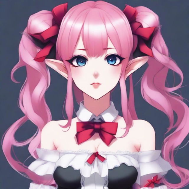 Create a full-body image of a tall, sexy anime girl with long pink hair, elf ears, and a red ribbon in her hair