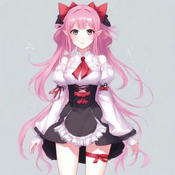 Create a full-body image of a tall, sexy anime girl with long pink hair, elf ears, and a red ribbon in her hair