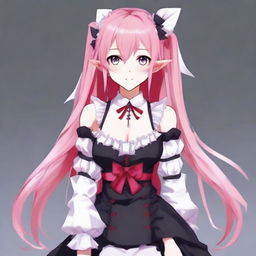 Create a full-body image of a tall, sexy anime girl with long pink hair, elf ears, and a red ribbon in her hair