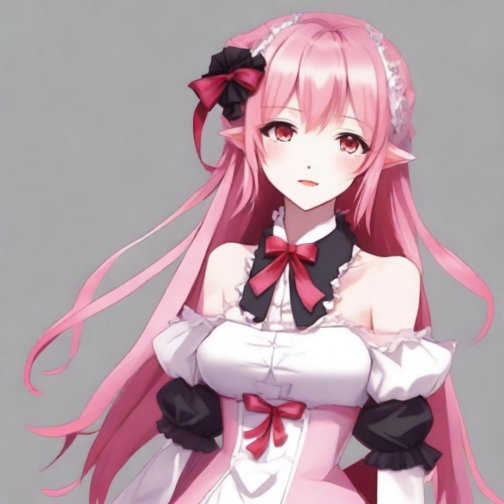 Create a full-body image of a tall, sexy anime girl with long pink hair, elf ears, and a red ribbon only in her hair