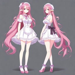 Create a full-body image of a tall, sexy anime girl with long pink hair, elf ears, and a red ribbon only in her hair