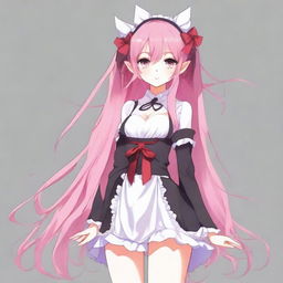 Create a full-body image of a tall, sexy anime girl with long pink hair, elf ears, and a red ribbon only in her hair